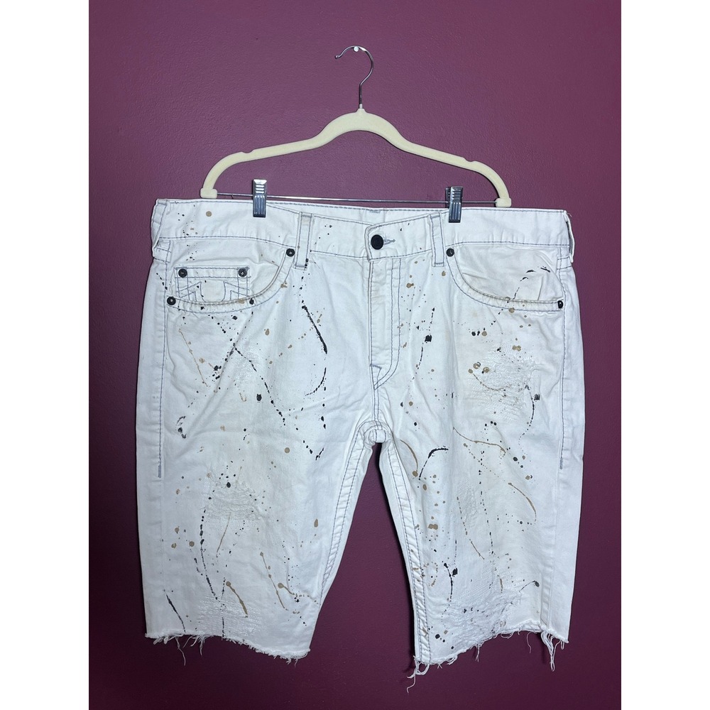 True Religion White Paint Splatter Distressed Skinny Denim Shorts Mens